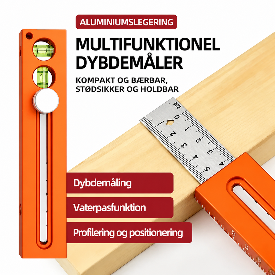Multifunktionel dybdemåler med vaterpas og markeringslineal