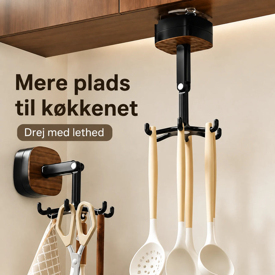 Drejelig køkkenholder med sugekop – 6 kroge, uden boring