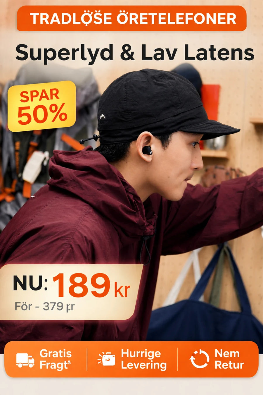 Outdoor kasket med kort skygge og justerbar snøre