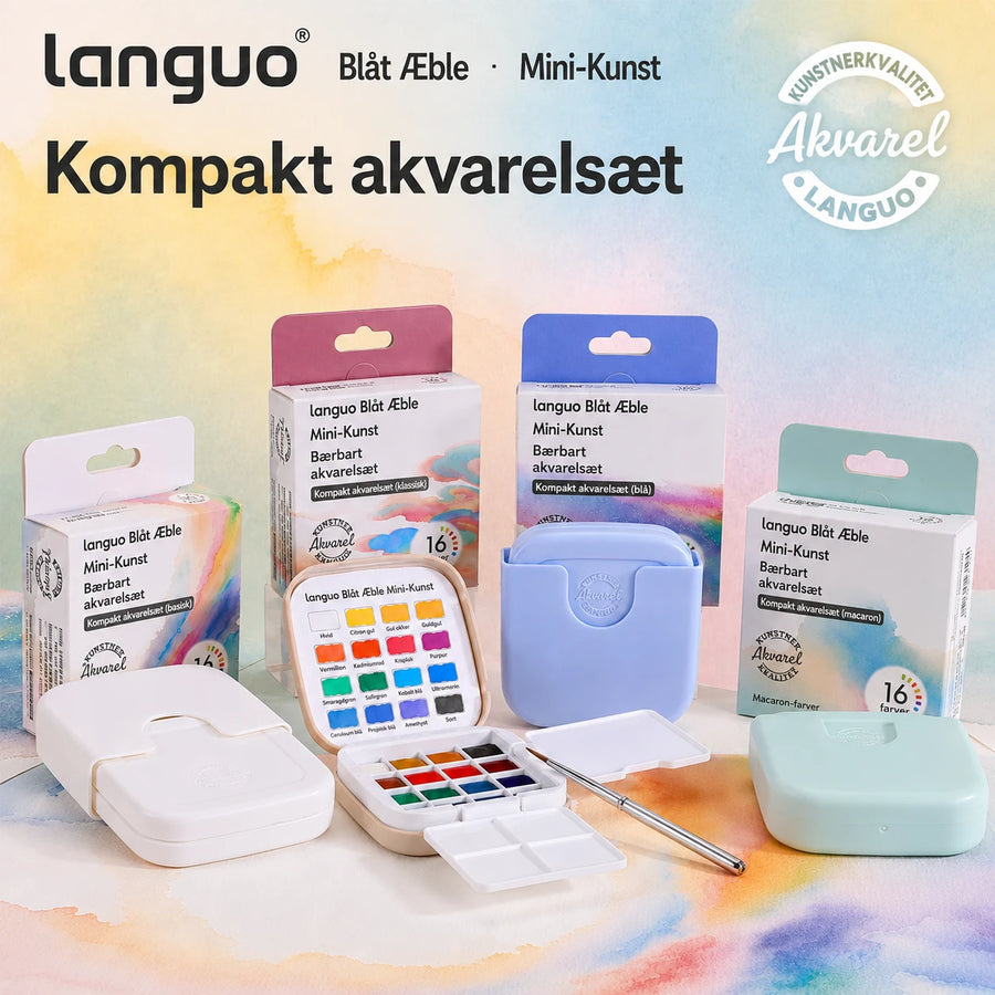 Mini akvarelsæt med 16 faste farver