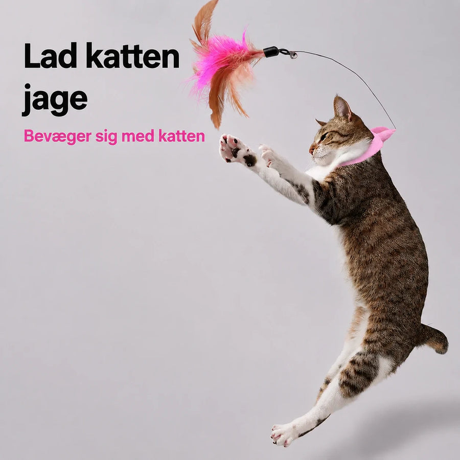 Interaktivt kattelegetøj med justerbart halsbånd, fjer og bjælde