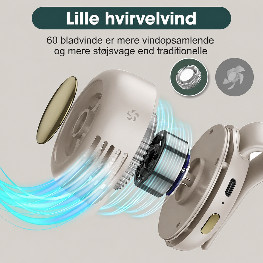 Bærbar mini-ventilator med klemme og 360° justering