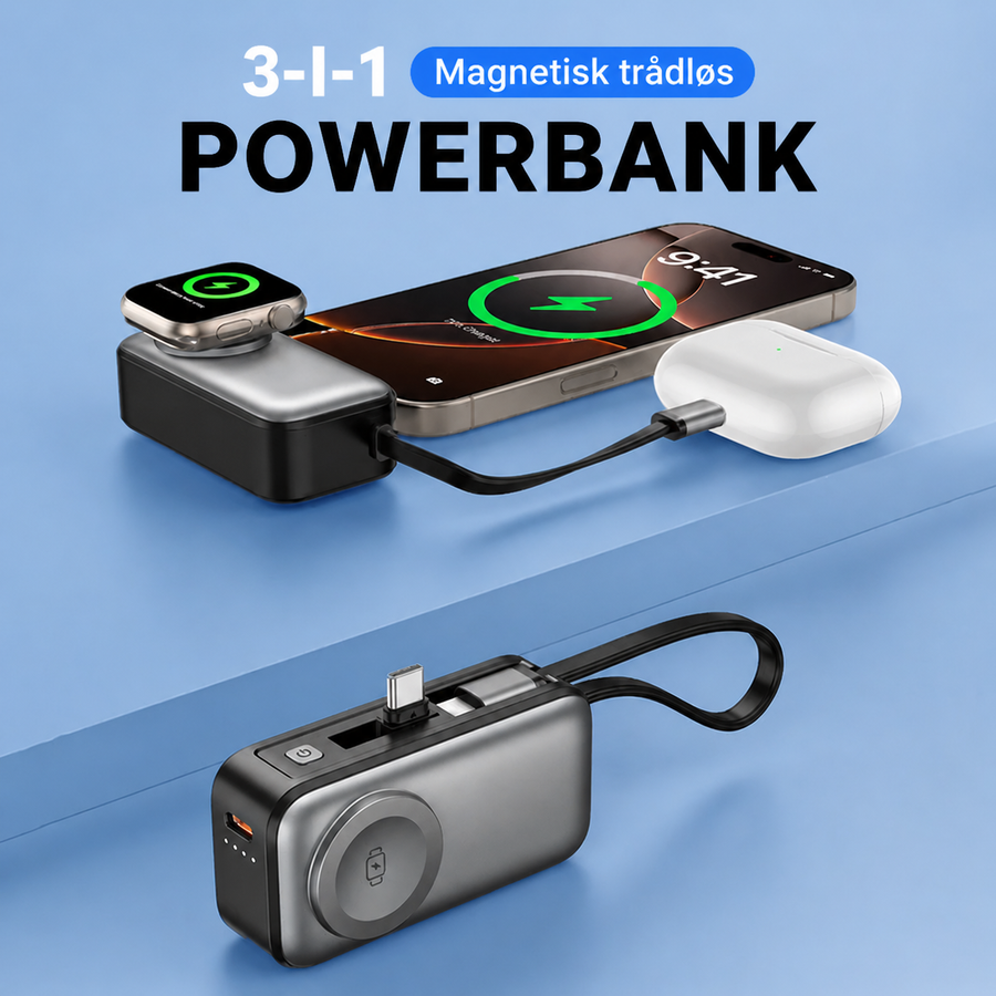 Magnetisk 3-i-1 powerbank med indbyggede kabler