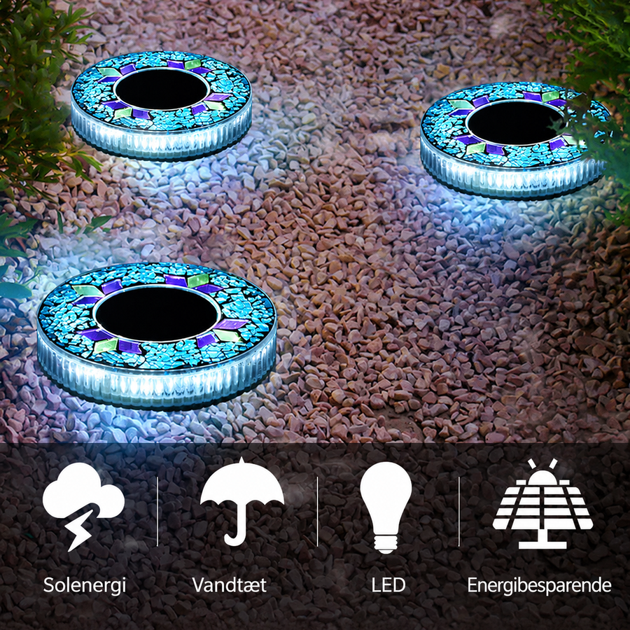 Vandtætte solcelle-havelamper med LED og mosaik