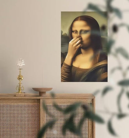 Mona Lisa holder sig for næsen – lærredsprint (Uden ramme)