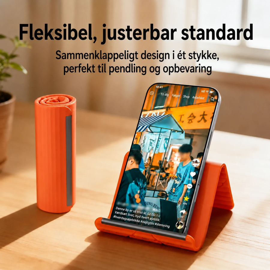 Fleksibel sammenklappelig silikoneholder til mobil, tablet og laptop