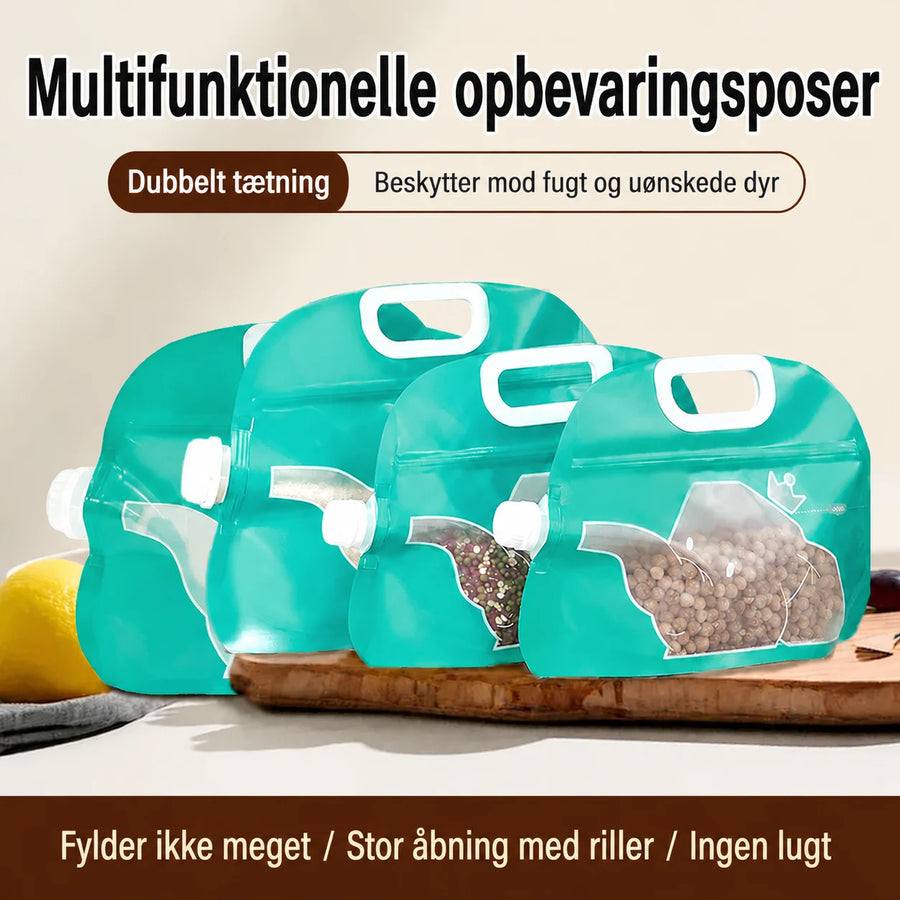 Genanvendelig opbevaringspose til ris og tørvarer med bred åbning