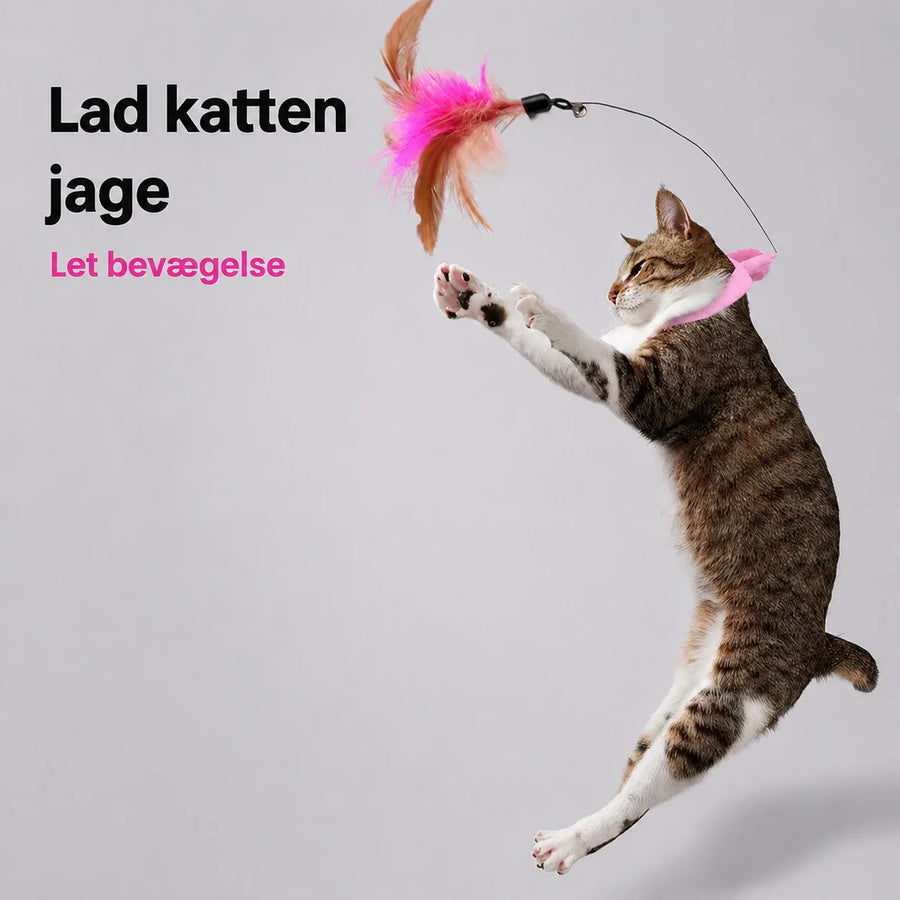 Interaktivt kattelegetøj med justerbart halsbånd, fjer og klokke