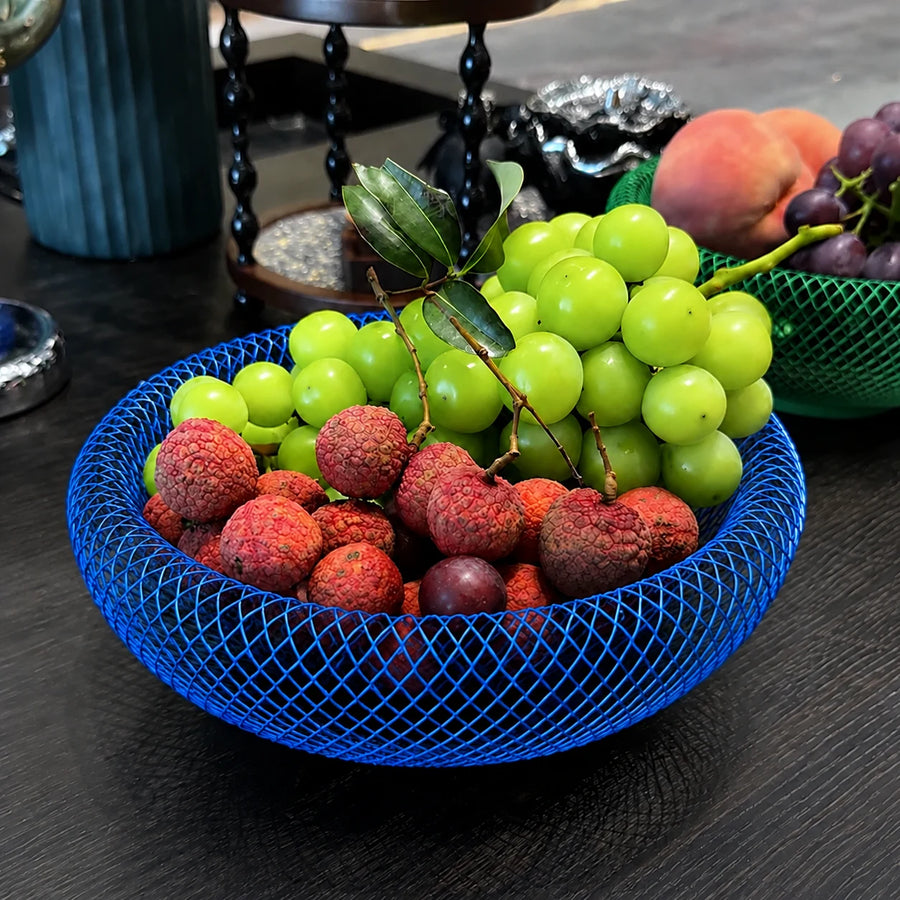 Frugtskål i metaltråd med fuglerede-design