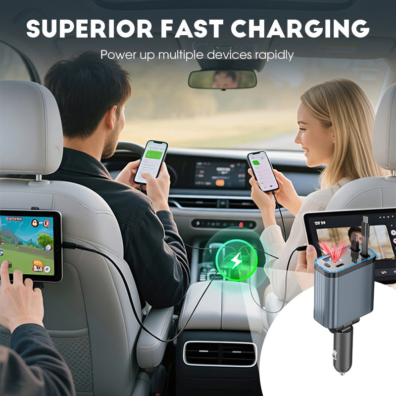 ✨Lynhurtig 4-i-1 Biloplader 90W – med Optrækkelige Kabler & Hyggeligt Stjernelys 🚗🌌