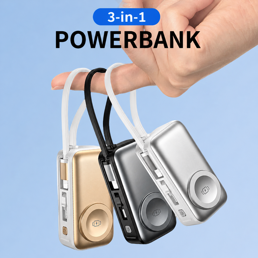 Magnetisk 3-i-1 powerbank med indbyggede kabler